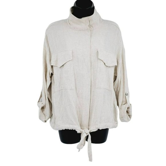 Staccato Moto Utility Jacket M Viscose Linen Zip Snap Roll Tab Sleeve Oatmeal - Picture 13 of 13